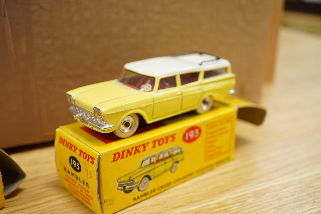 Six boxed Dinky Toys; Rolls-Royce Silver Wraith (150), Sunbeam Rapier Saloon (166), Studebaker Golden Hawk (169), Studebaker Land Cruiser (172), Hudson Hornet Sedan (174), and Rambler Cross Country Station Wagon (193)